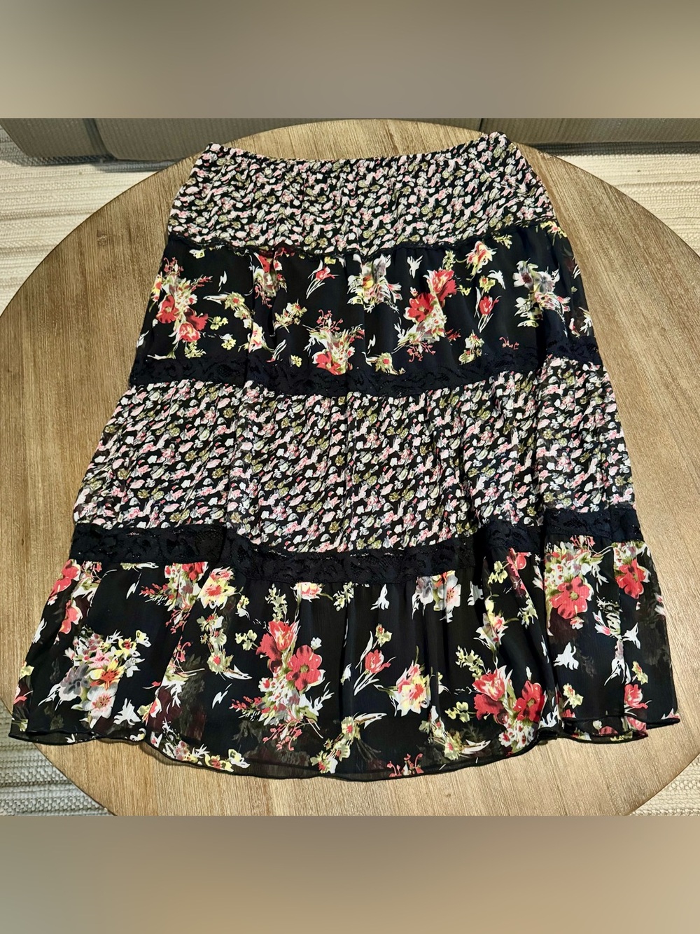 Notations Black Floral Tiered Skirt with Red & Pink Blooms